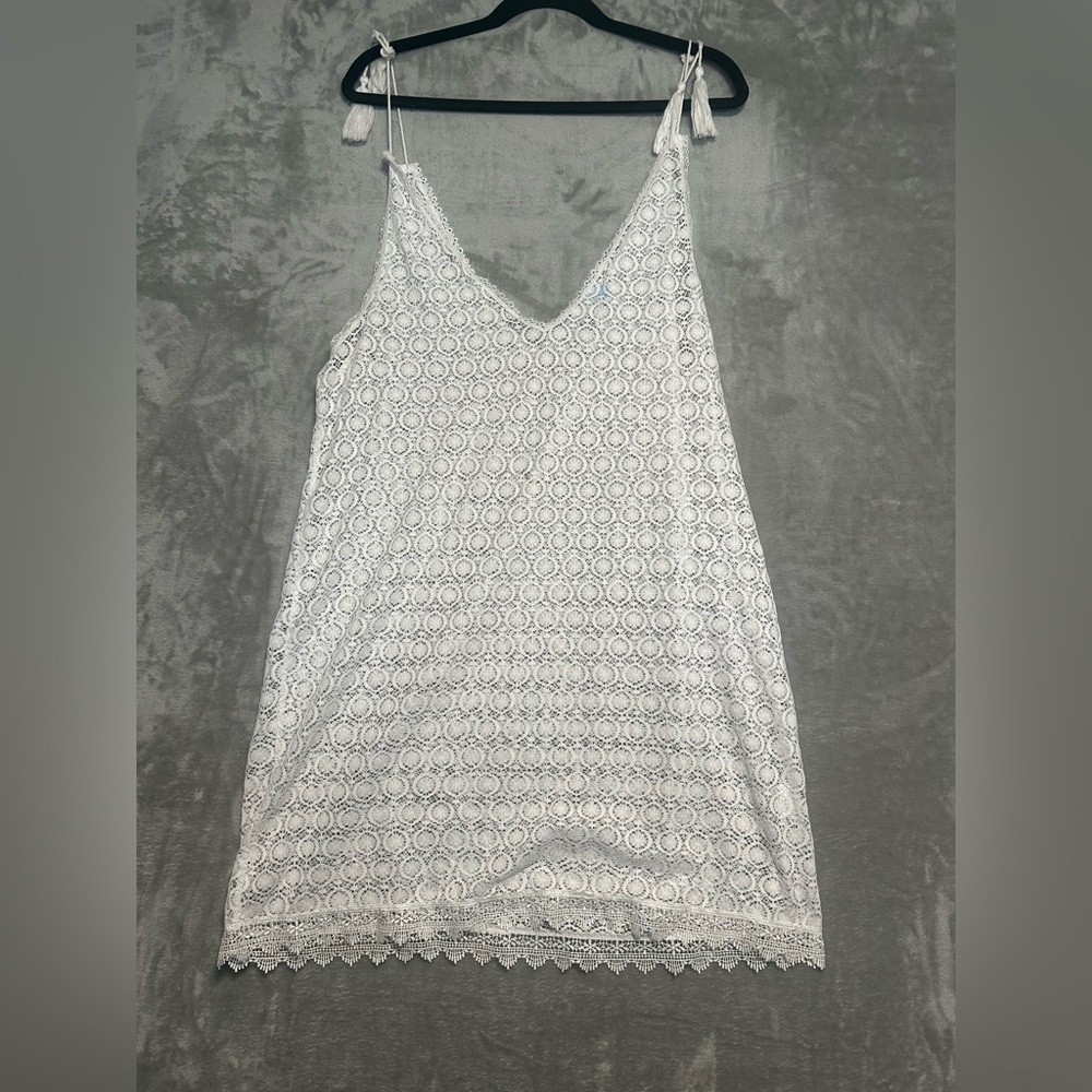 Serra Lace See Through Swim Coverup Dress Women’s Large White Tie Straps